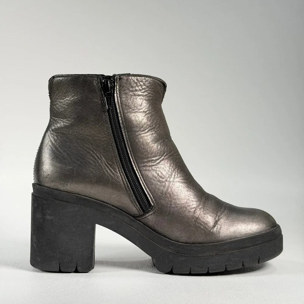 Fly London Tetly Platform Ankle Boots Womens 38 Pewter Metallic Leather Wedge